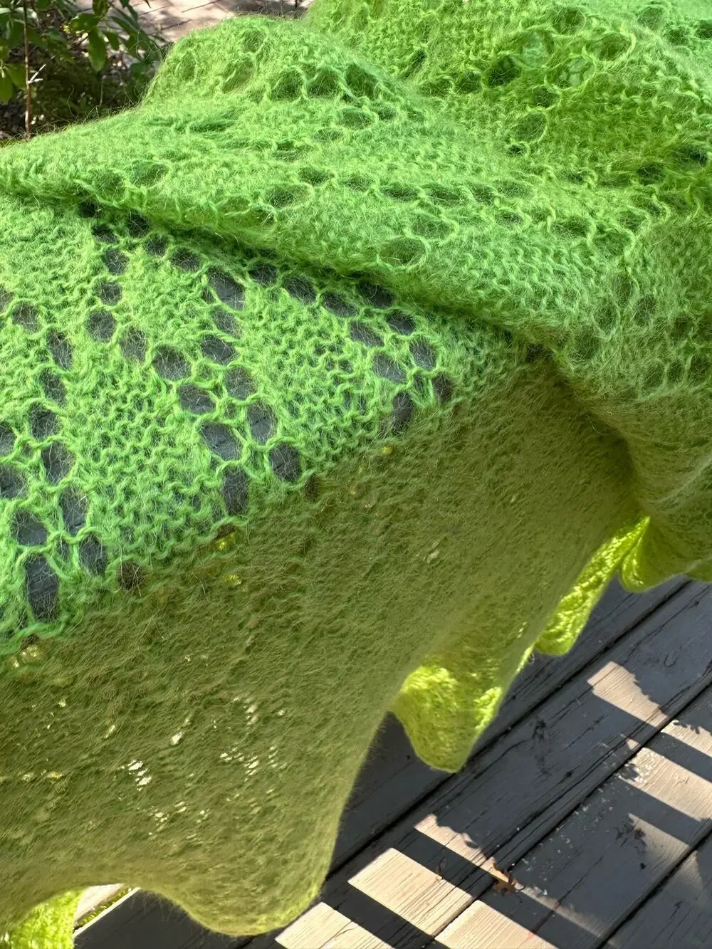 Mohair Wool Crochet Blanket lime green Hand Made Diamond Knit Throw 44x90” shawl